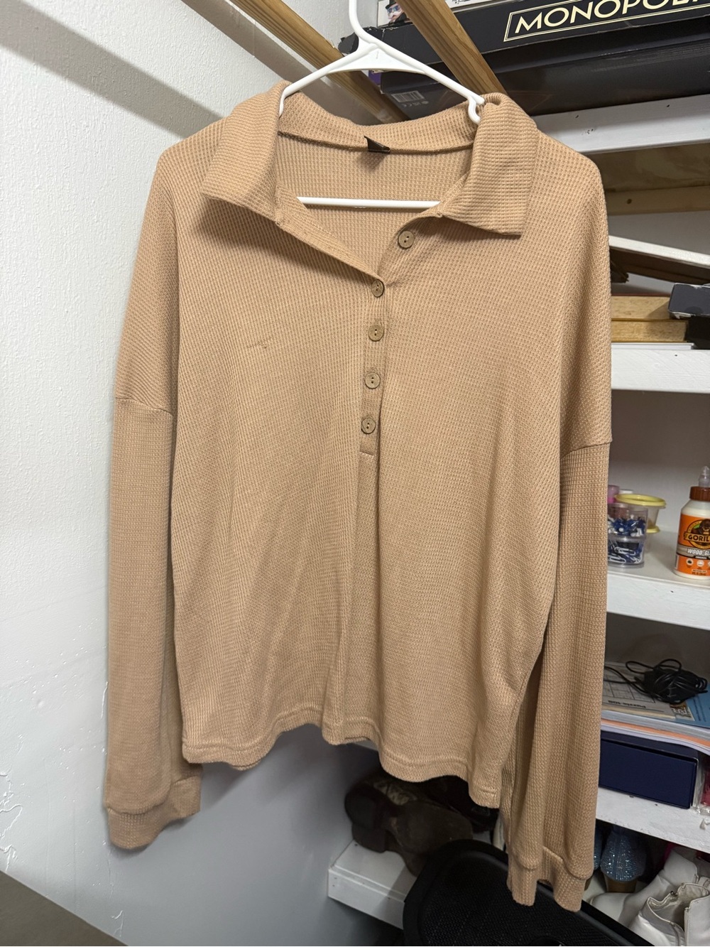 SHEIN Beige Waffle Knit Long Sleeve Polo